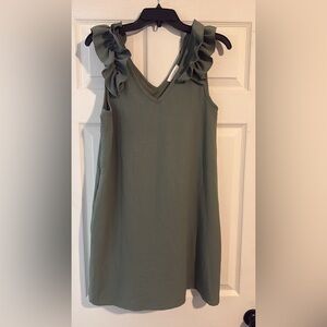 entro Olive Green Ruffle Shoulder V-Neck Dress
